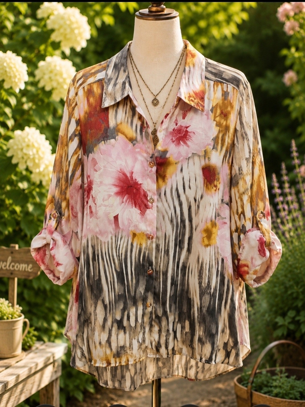 . Floral Watercolor Button-Front Blouse - Pink & Gold Pit 23